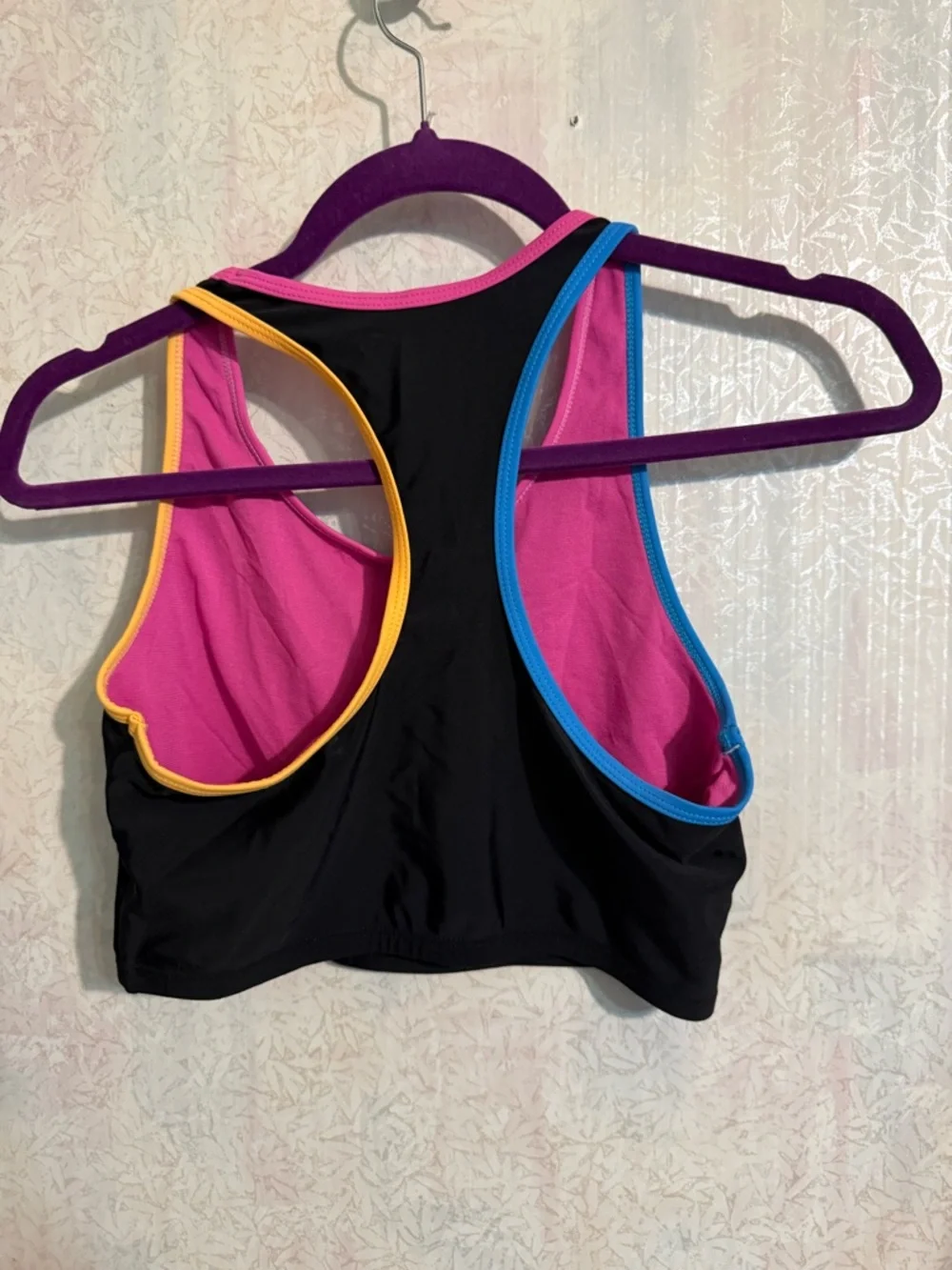 Under Armour Pink Sports Bra with Blue and Yellow Trim, Gym, Play, Swimming 16